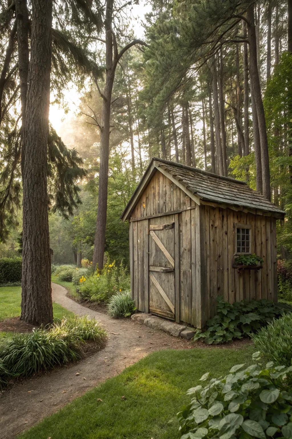 Rustic wood finishes add a touch of timeless charm to your garden shed.