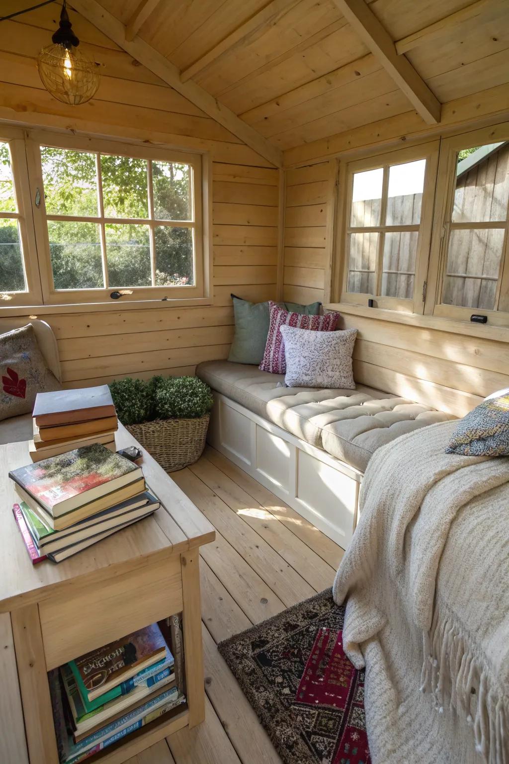 A cozy reading nook inside a garden shed.