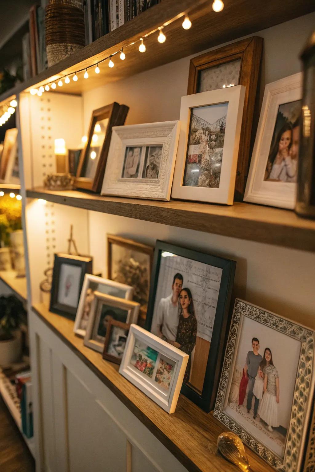 A shelf with framed family photos and art pieces for a personal touch.