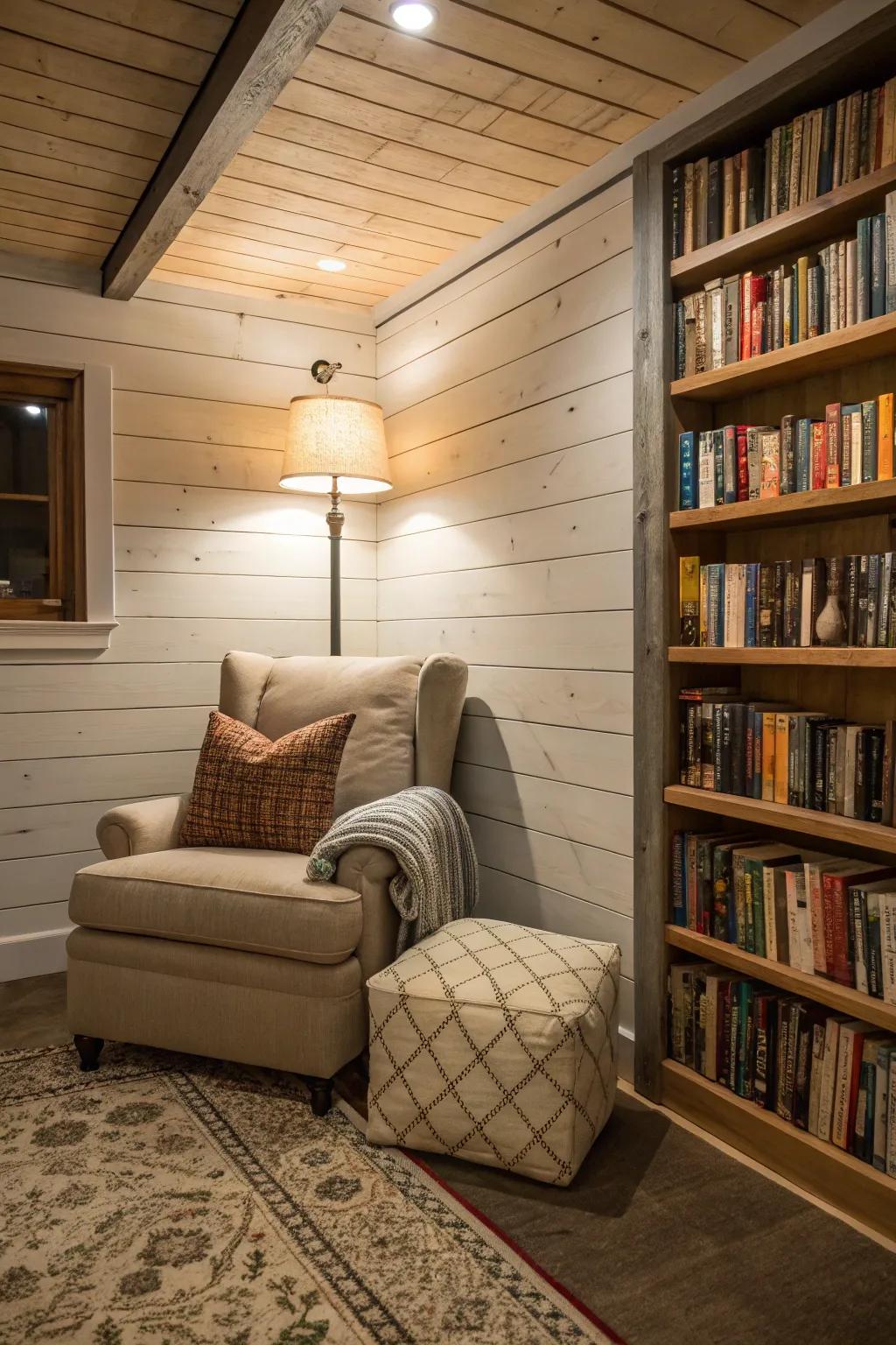 A shiplap reading nook in the basement, complete with a plush chair.