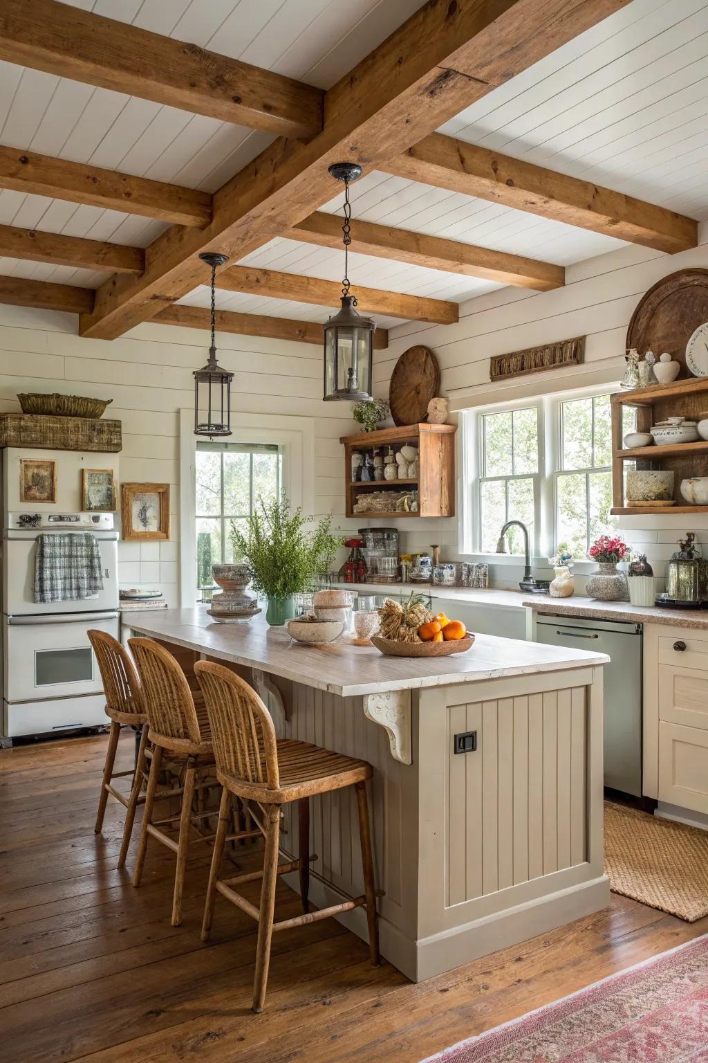 Farmhouse charm with a shiplap island and rustic wooden beams.