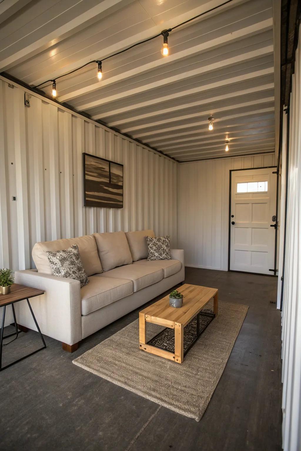 Modern minimalism in a shipping container man cave.