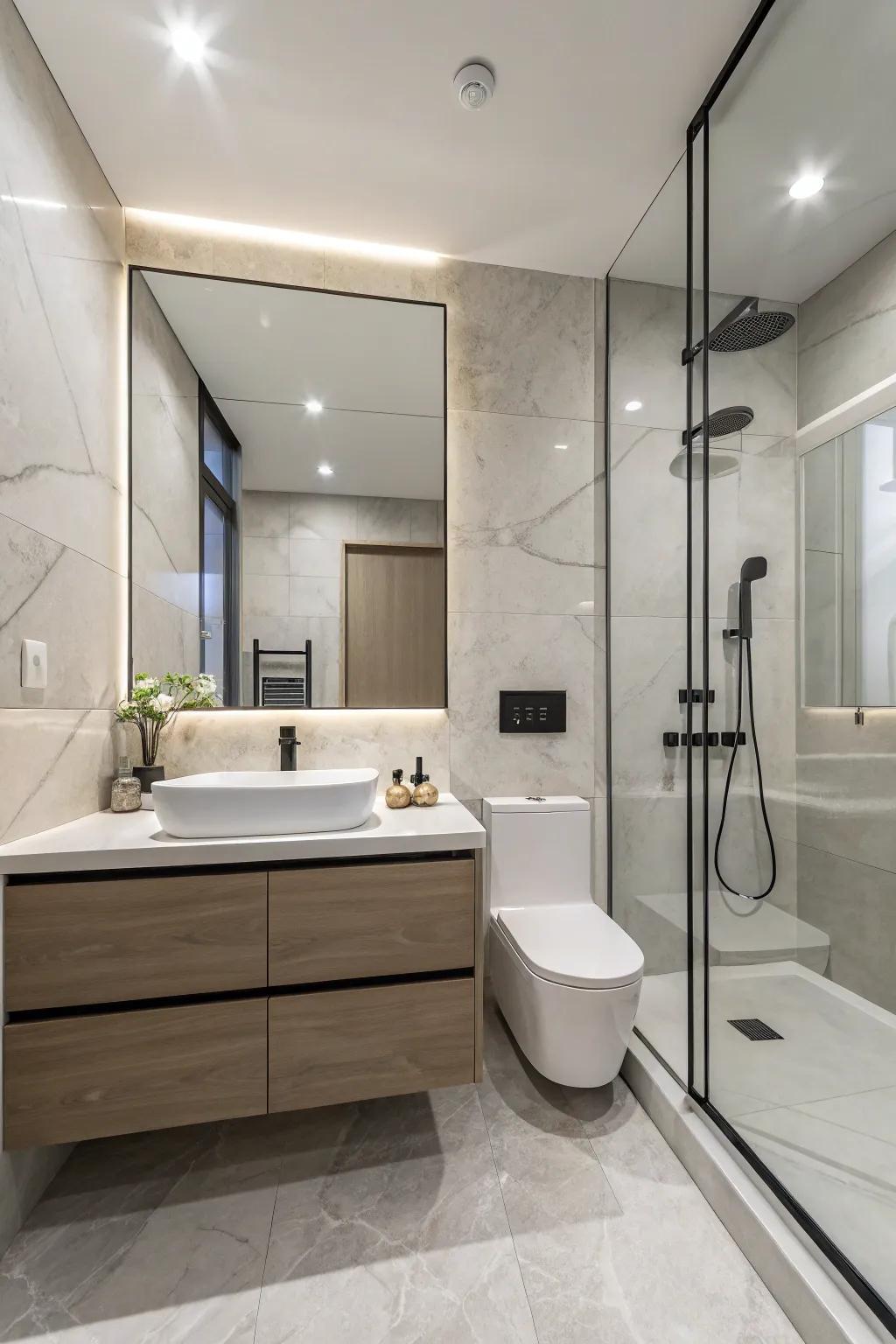Minimalism brings clarity and calm to small bathroom spaces.