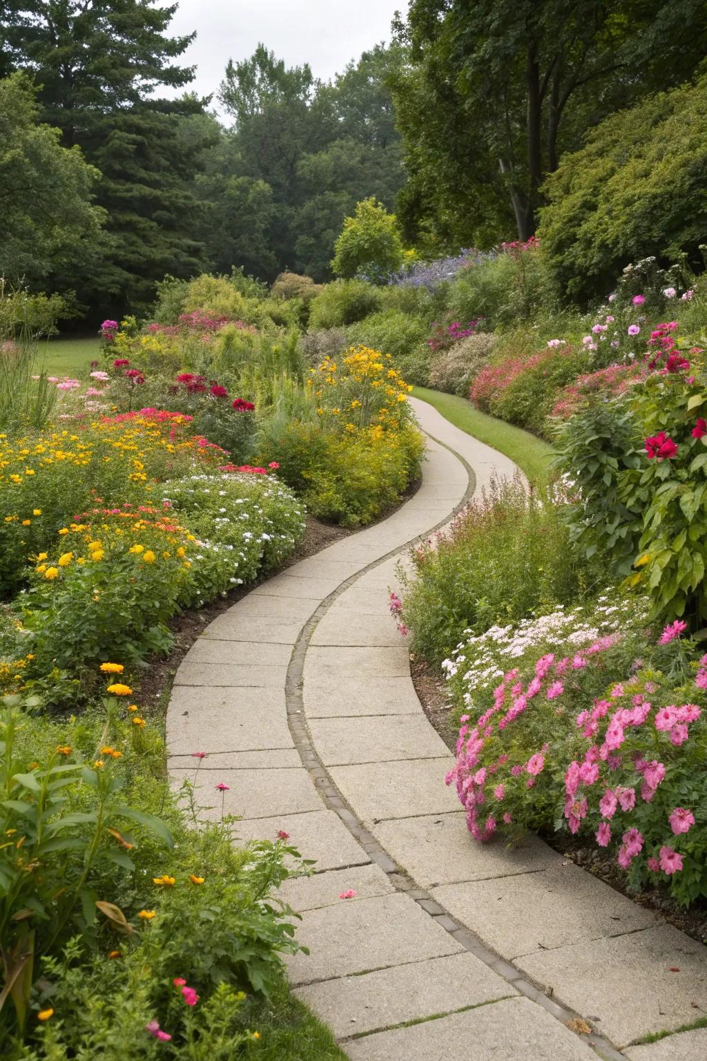 Curved pathways create a natural flow through the garden.