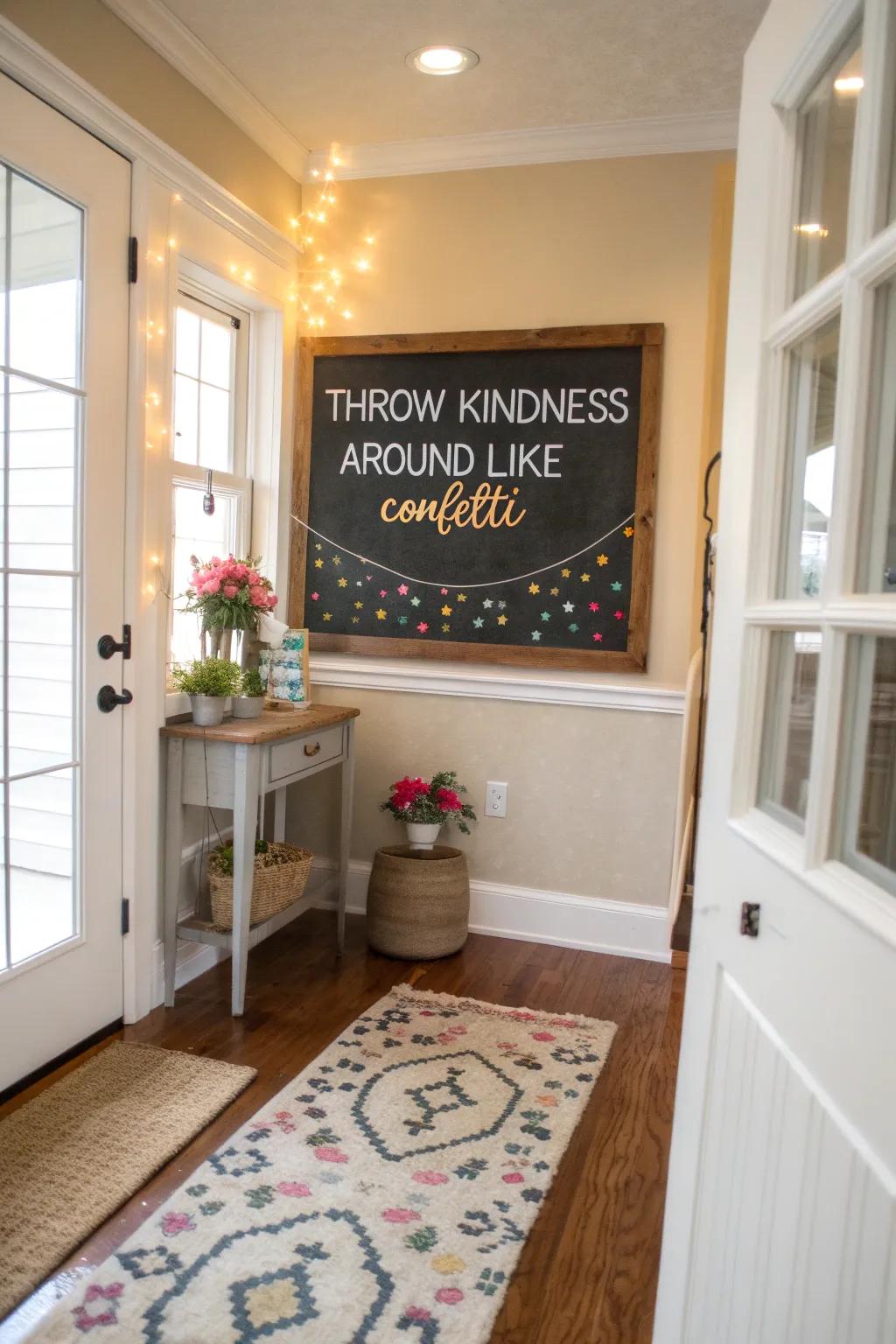 Entryway chalkboard with a kindness-themed quote.