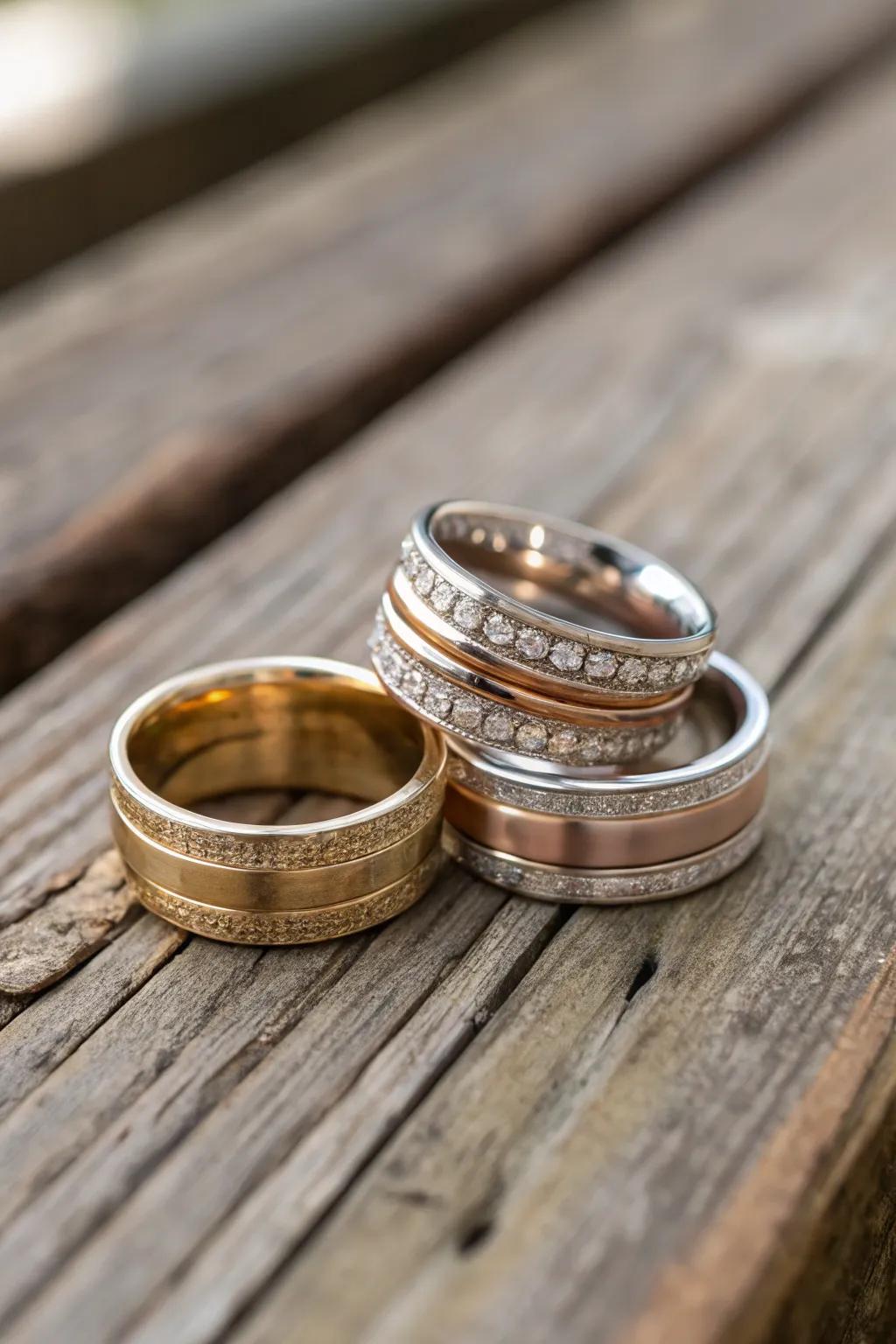 A creative combination of stacked rings in mixed metals.