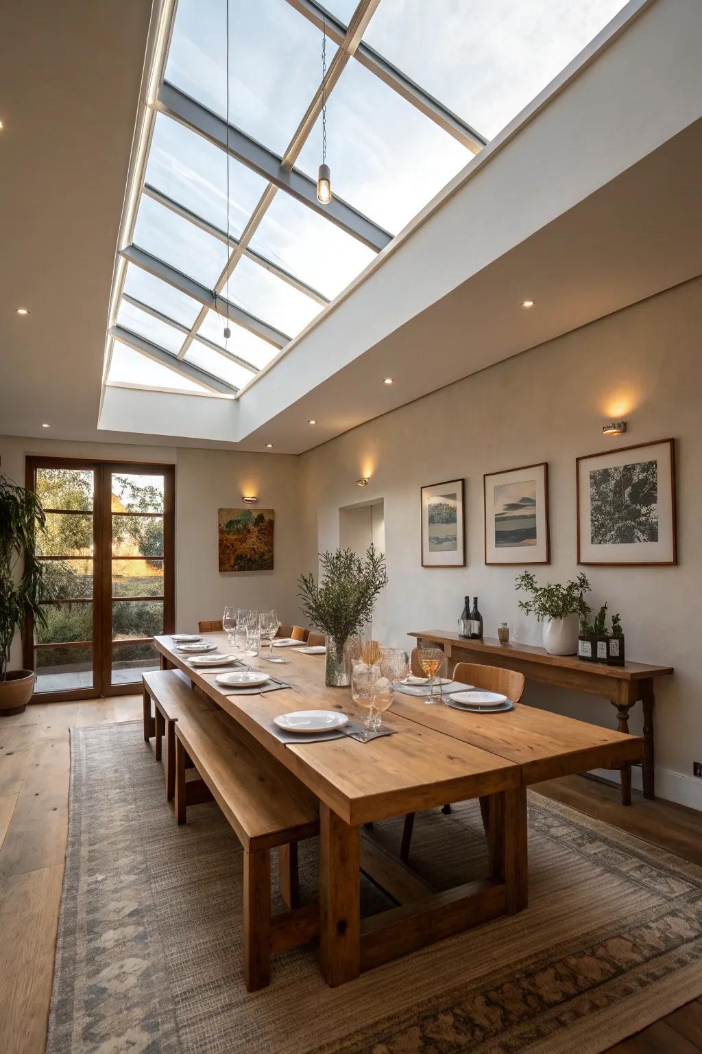 A dining room enhanced by the soft glow of a skylight.