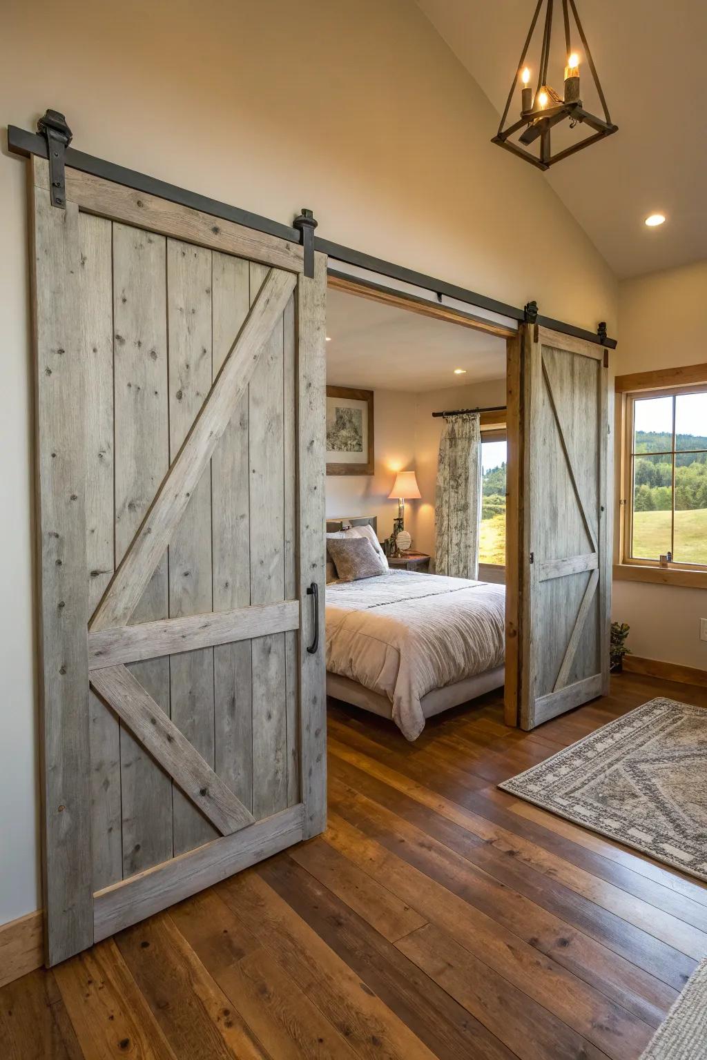 Rustic barn doors adding warmth and charm.