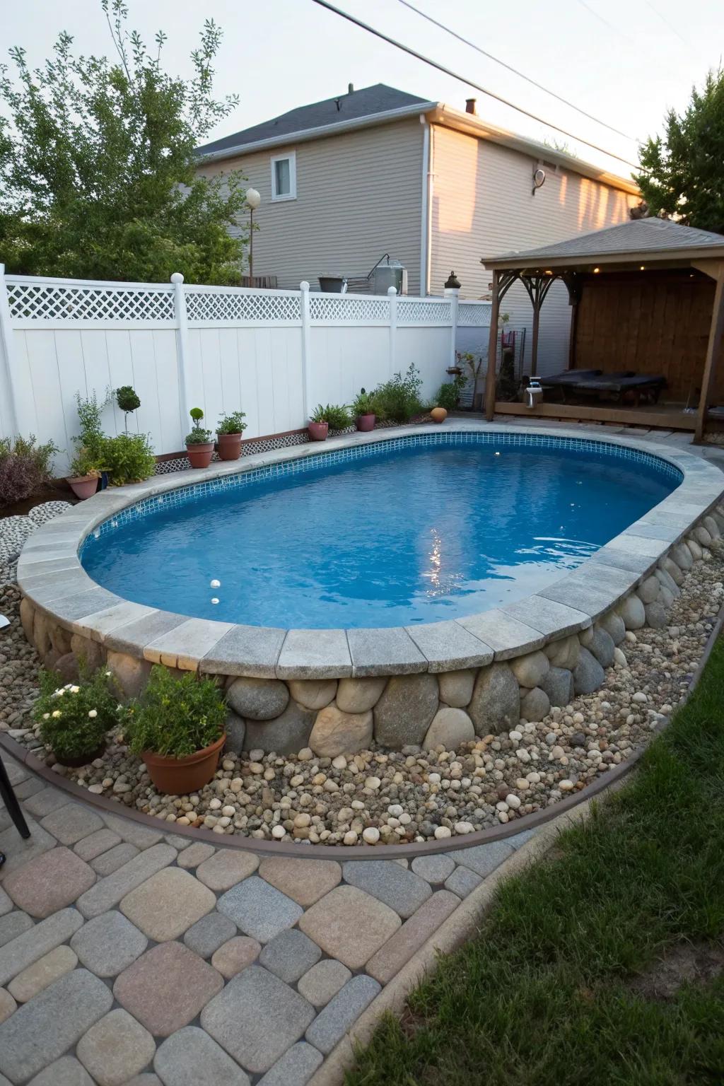 Decorative stones elegantly framing an above-ground pool, adding a touch of rustic charm.