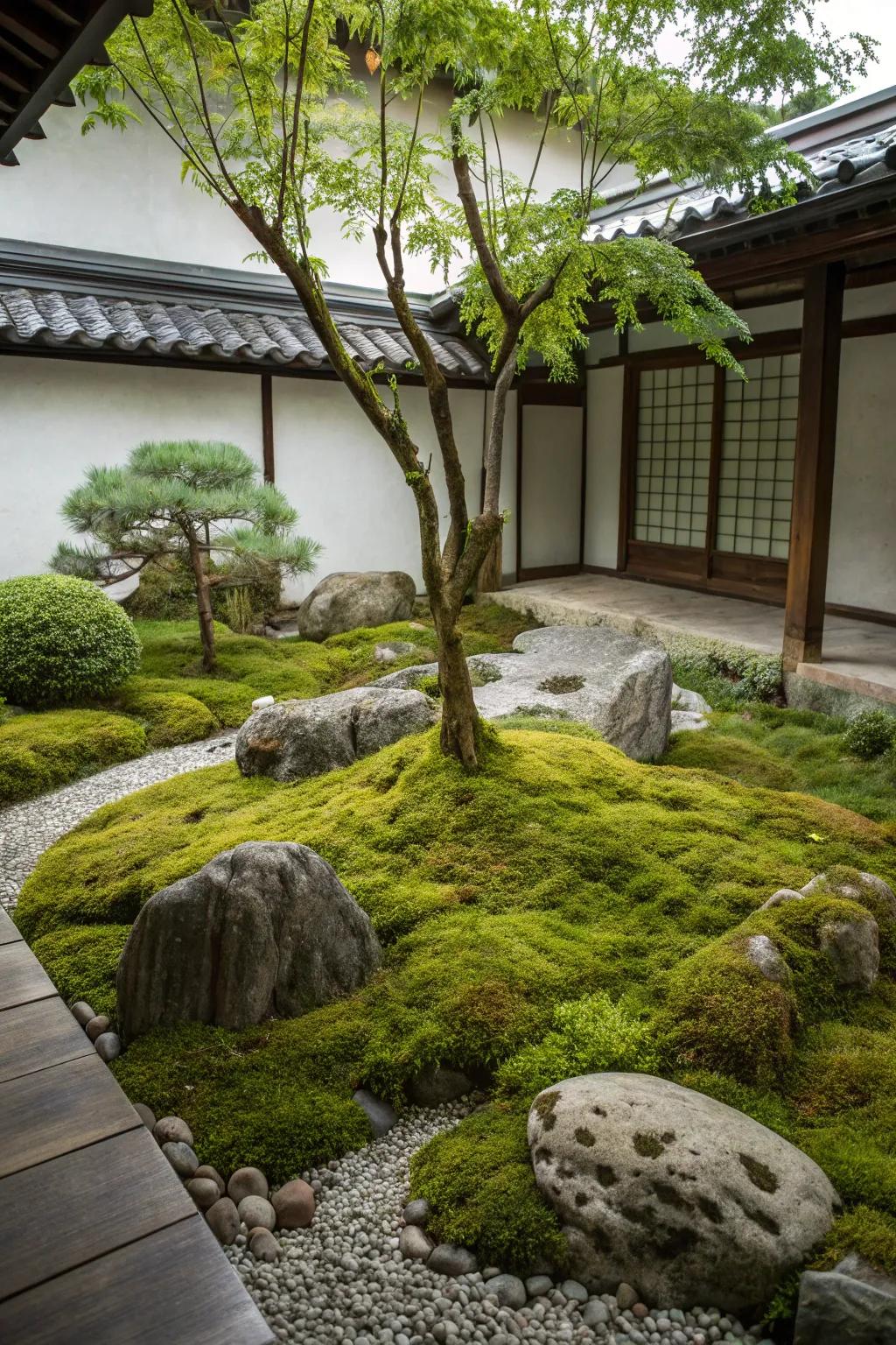 A peaceful zen garden with a lush moss carpet surrounded by rocks and a small tree.
