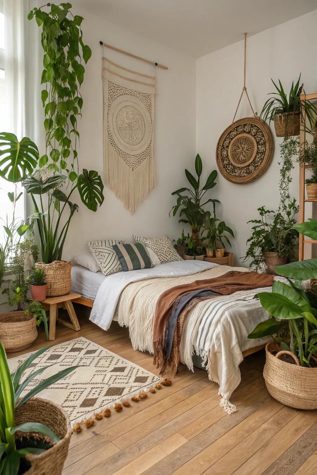 Natural elements breathe life into this small boho bedroom