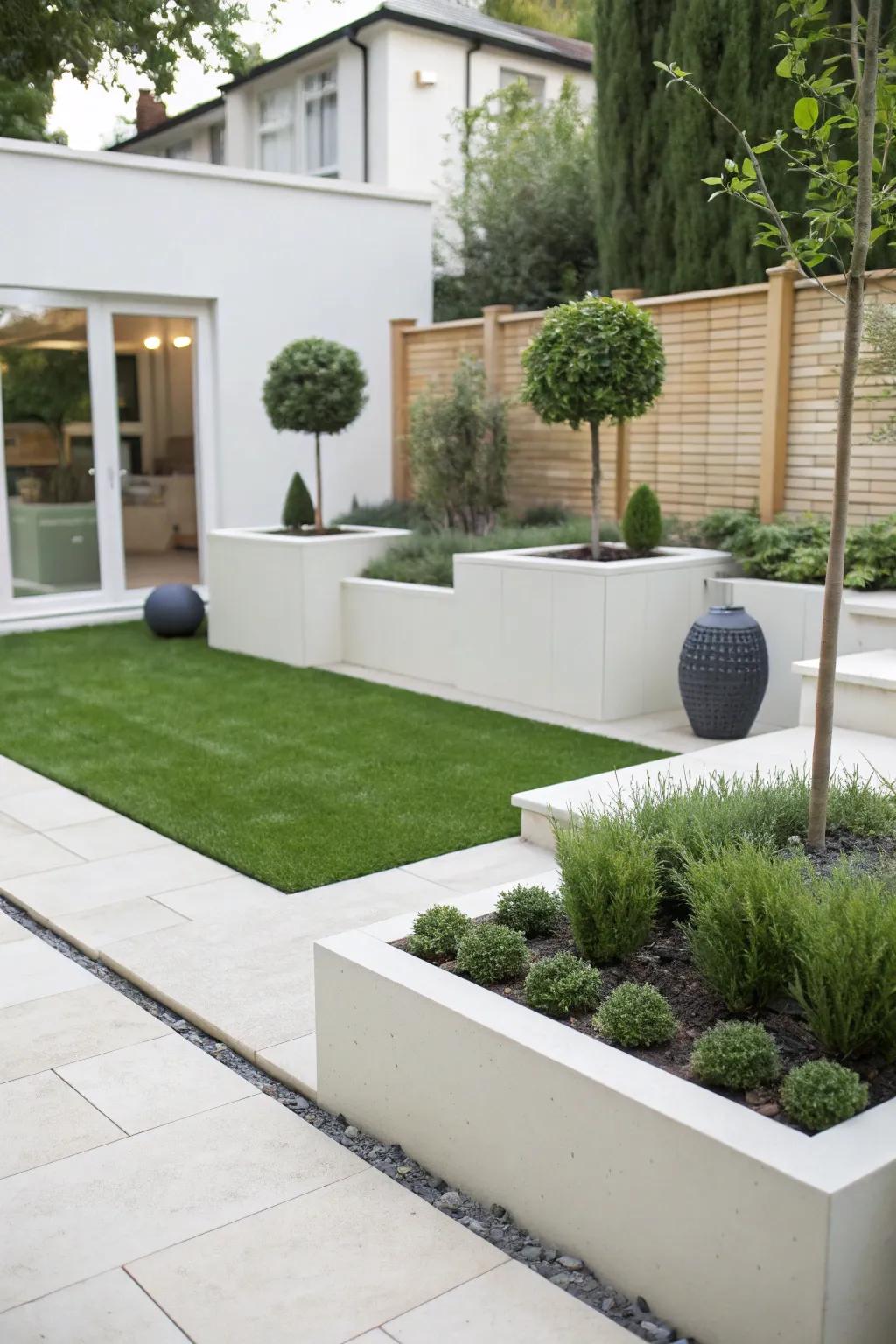 A minimalist garden with artificial grass emphasizing clean lines and simplicity.