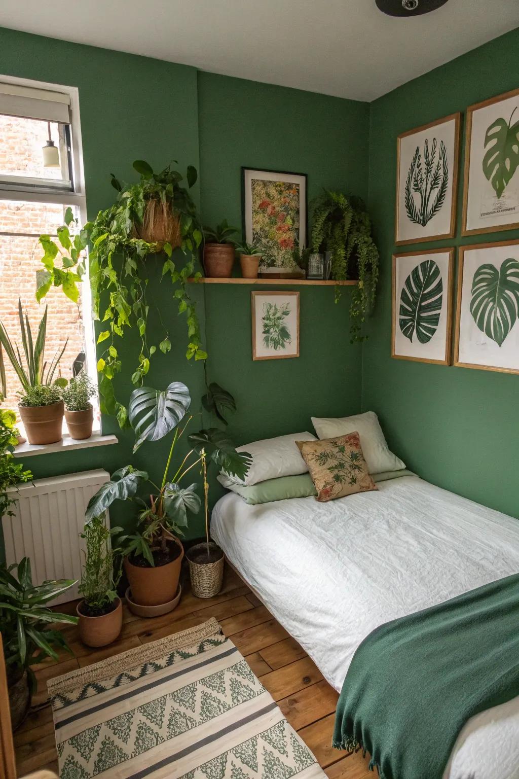 Natural elements like plants enhance the green theme.