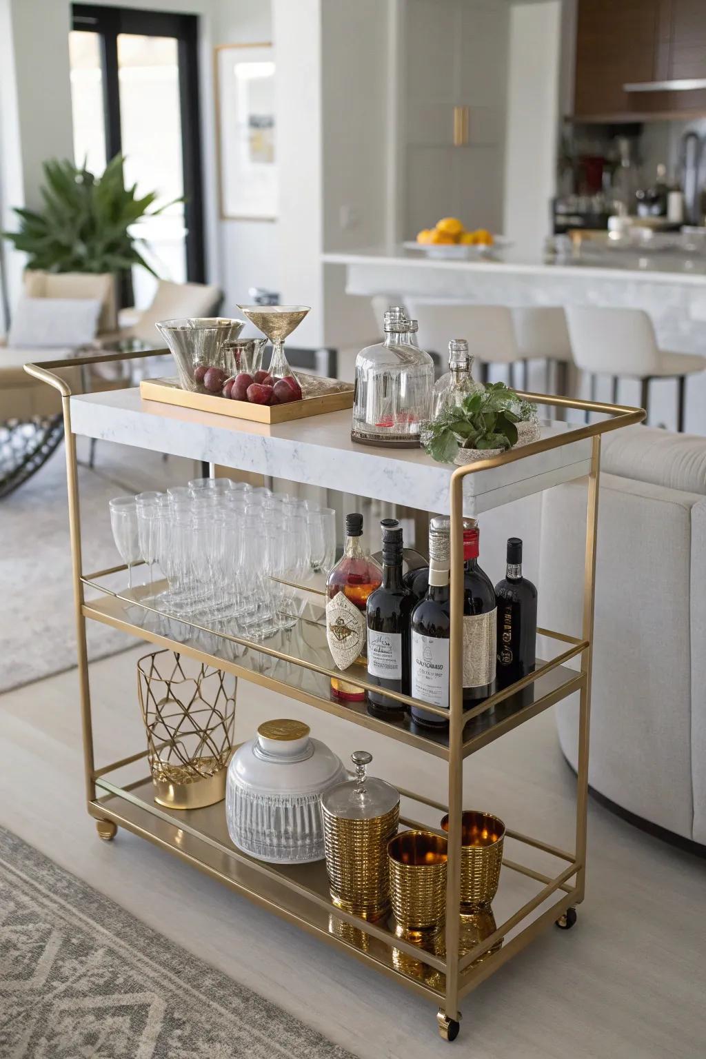 A mobile bar cart blends functionality with style, perfect for small spaces.