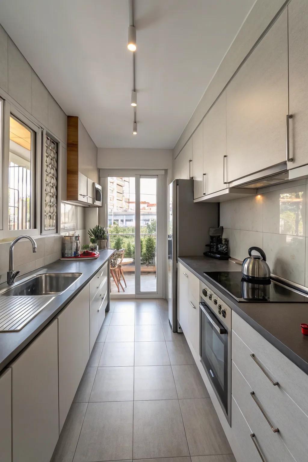 Efficient layout transforms this narrow kitchen into a functional workspace.