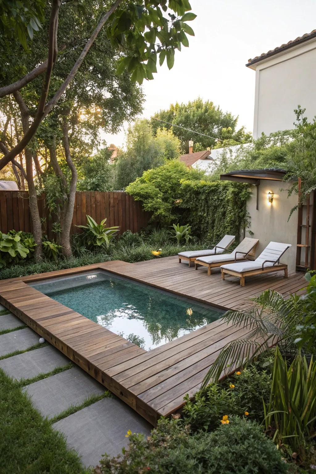 A wooden deck seamlessly integrates with the pool, enhancing the outdoor living space.