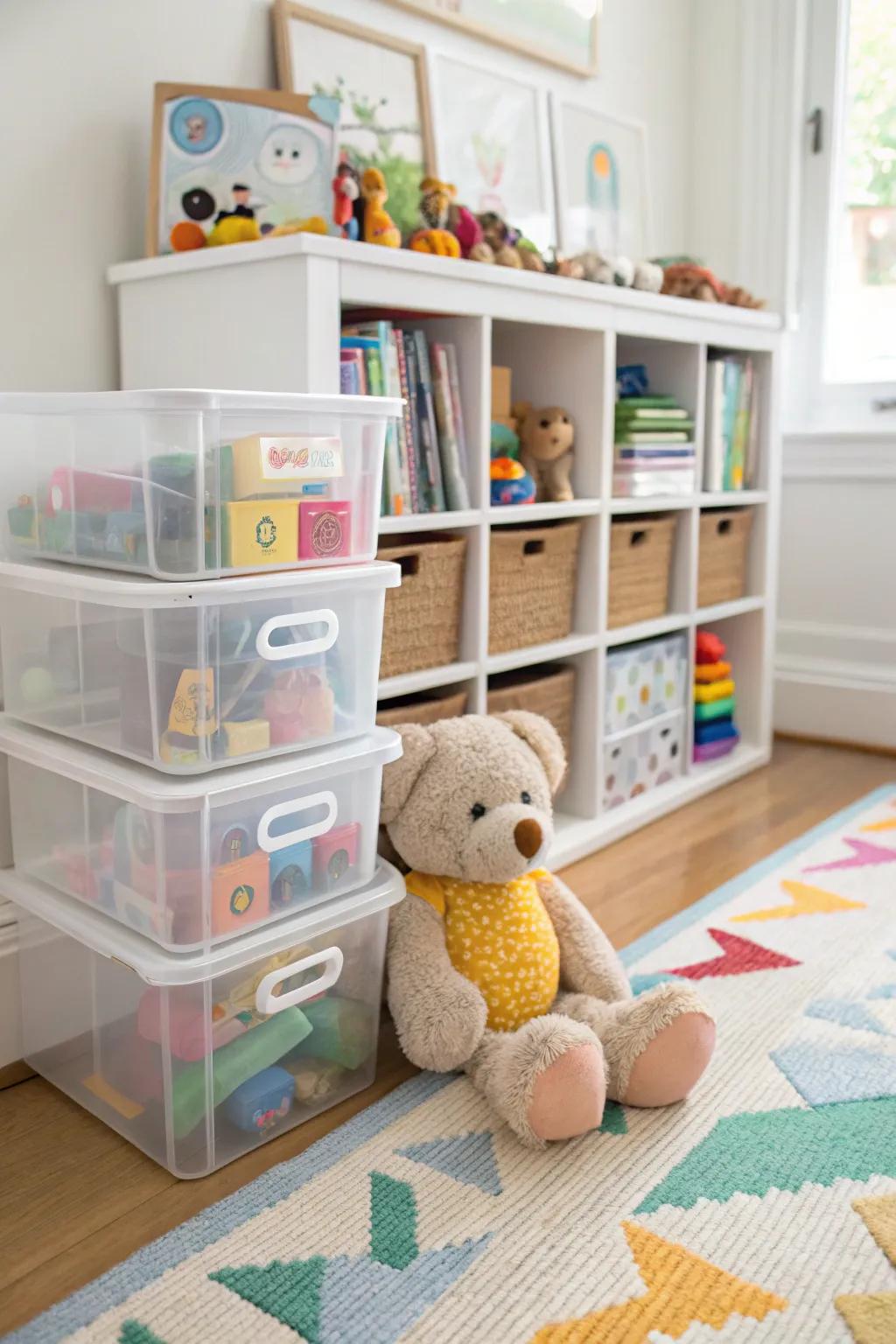 Clear bins stacked for visible and organized toy storage.