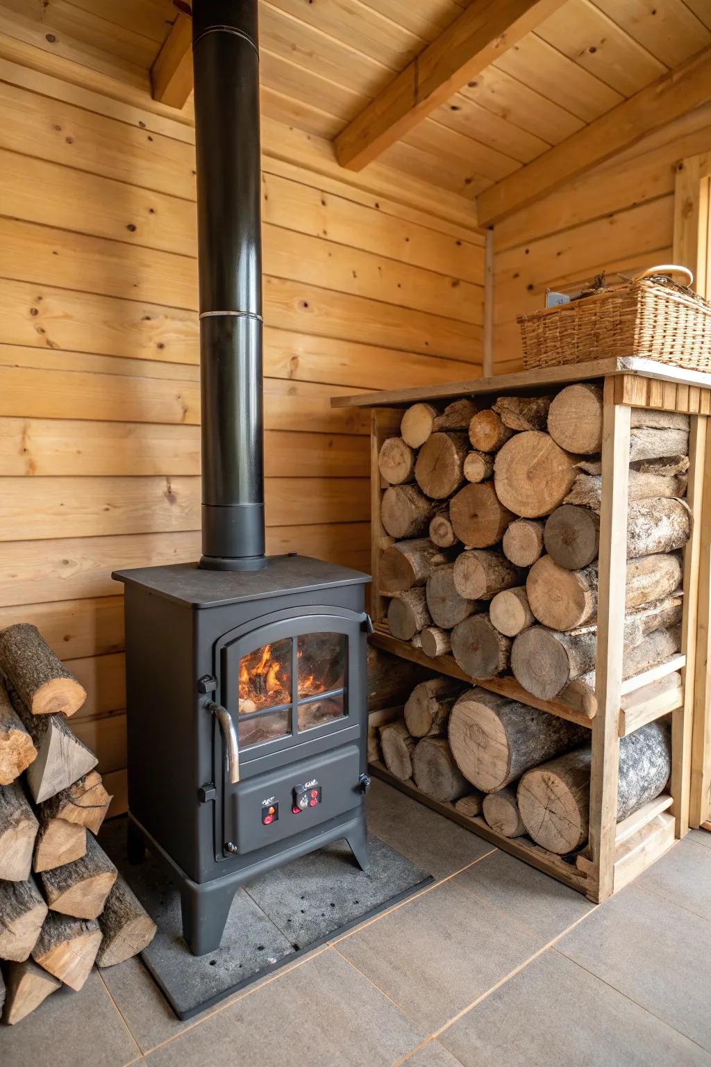 Integrated log storage makes wood a stylish and functional part of the decor.