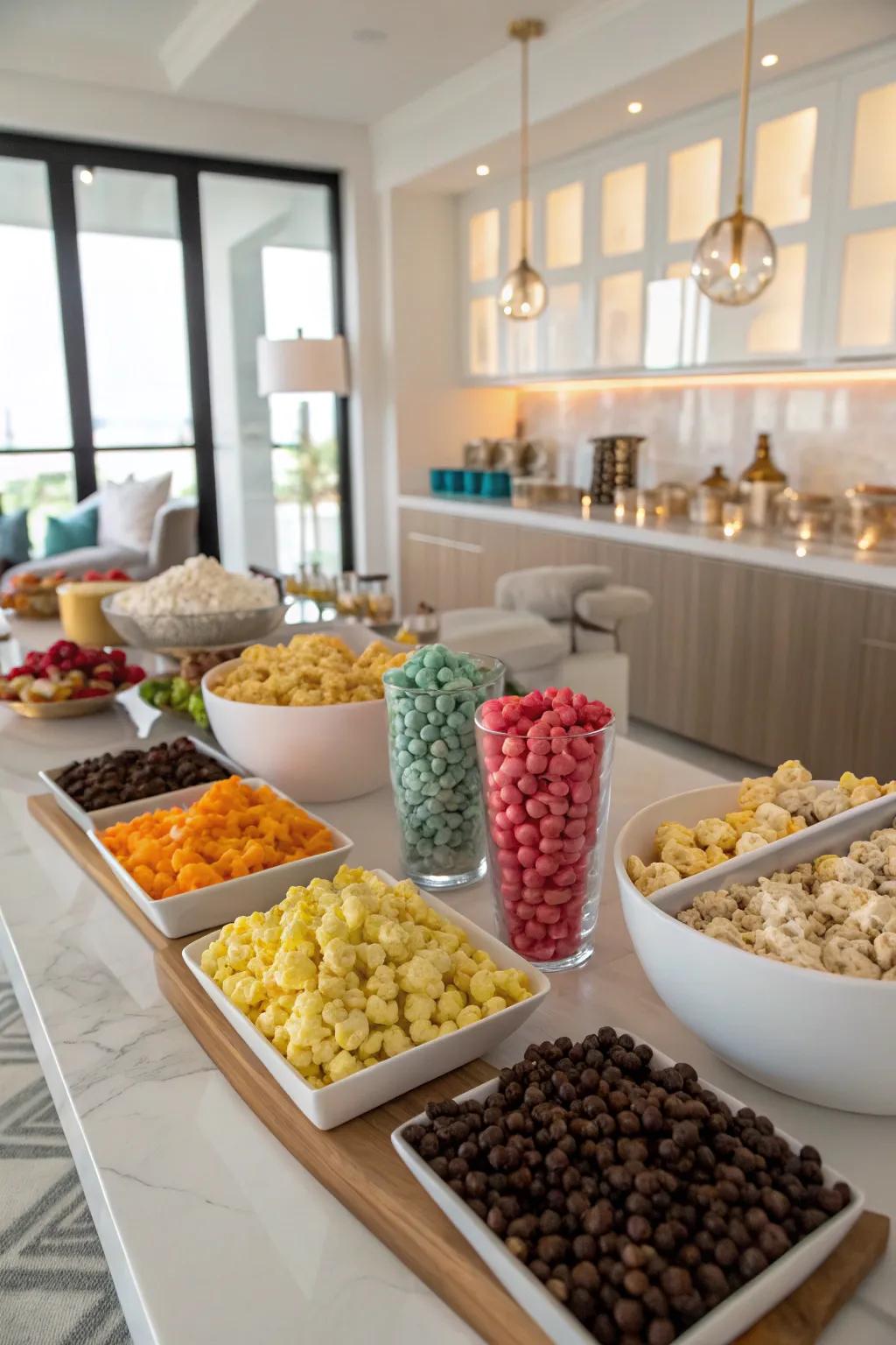 A customizable popcorn bar for a playful snack experience.