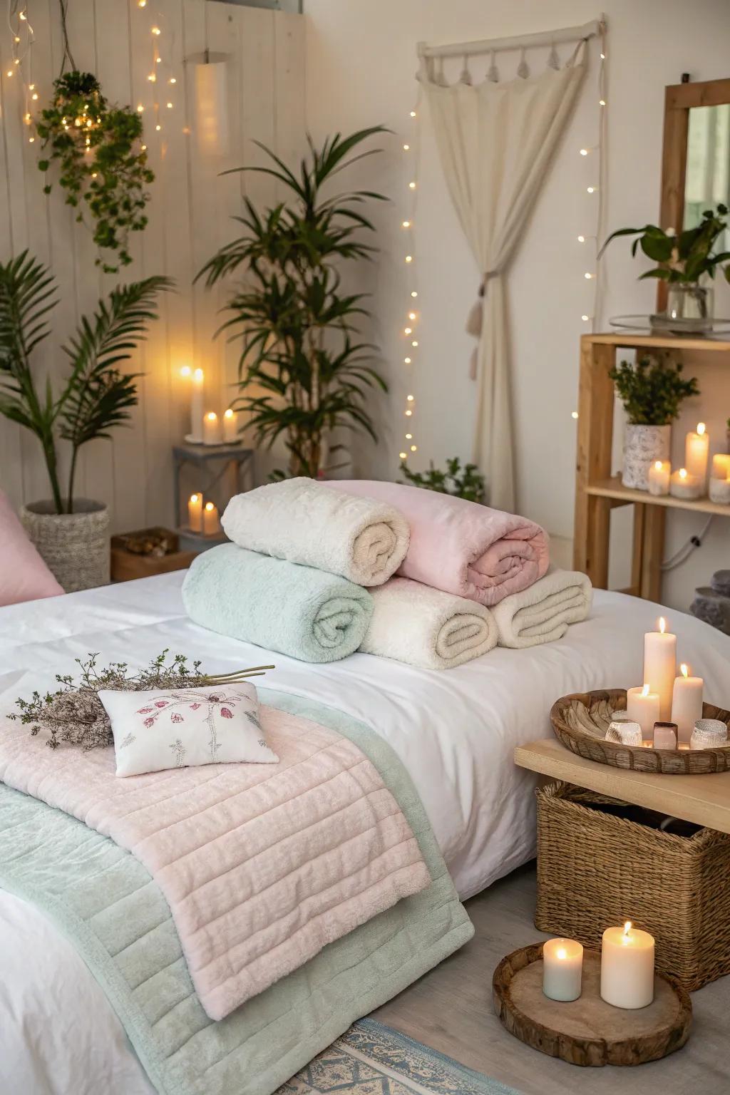 Fluffy pillows and soft blankets create a dreamy spa sleepover experience.