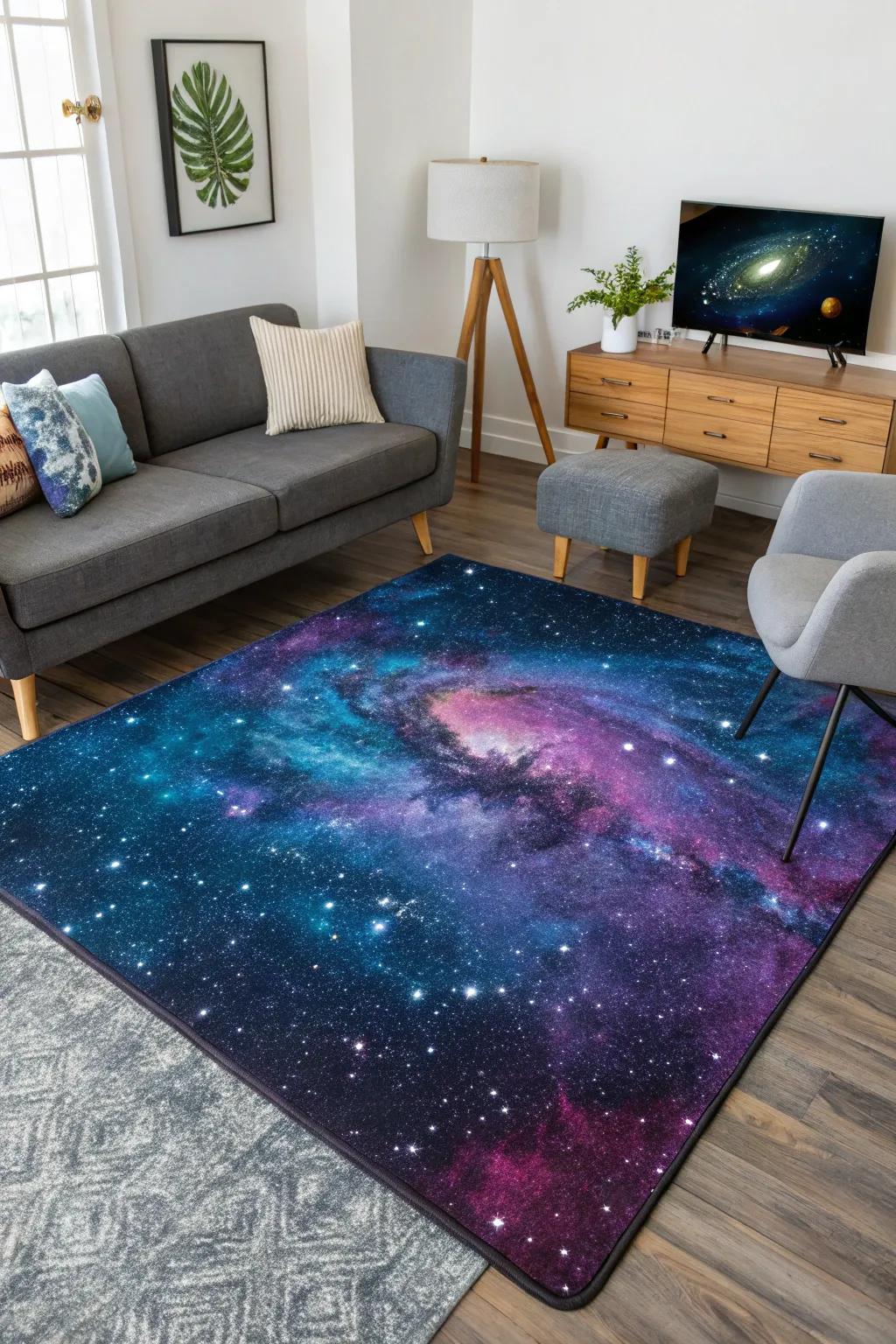 Step into space with a galaxy-themed rug that anchors the room.