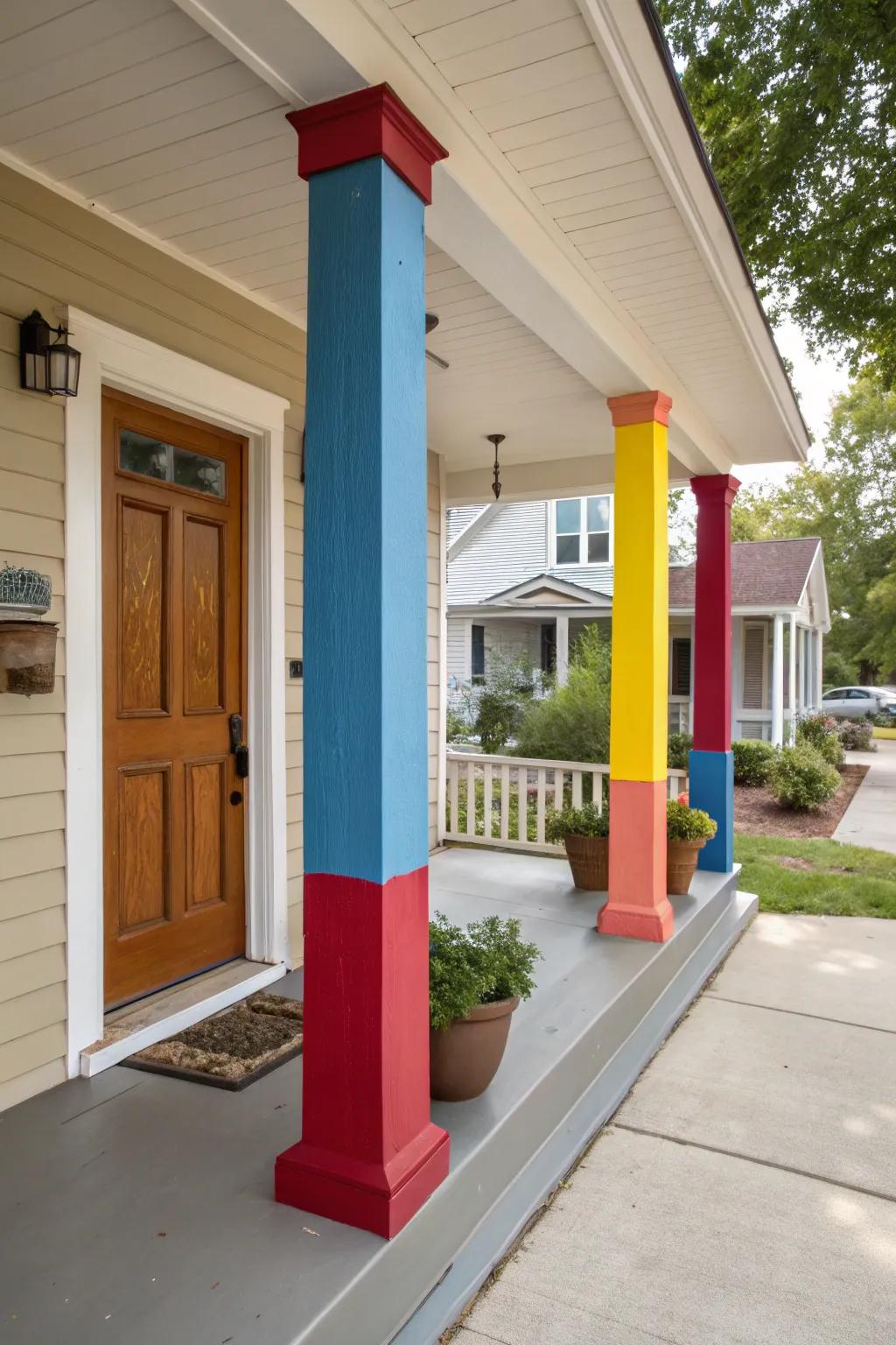 Bold colors on square columns create a striking visual impact.