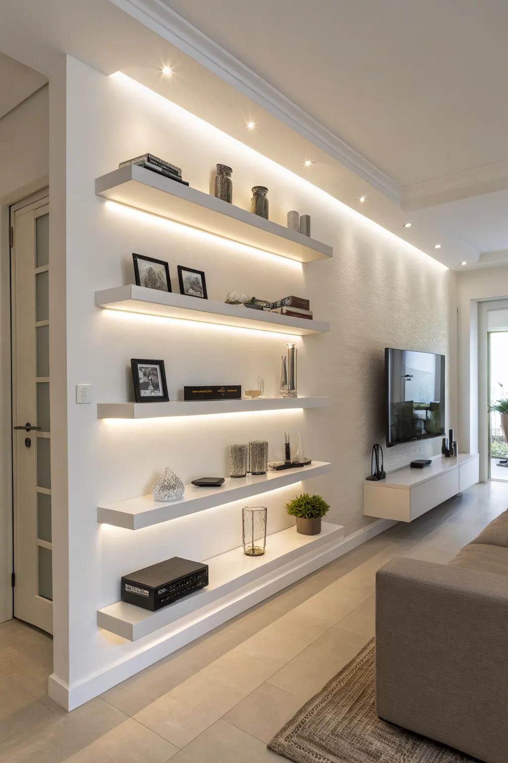 Modern minimalist shelves illuminated with LED lighting.