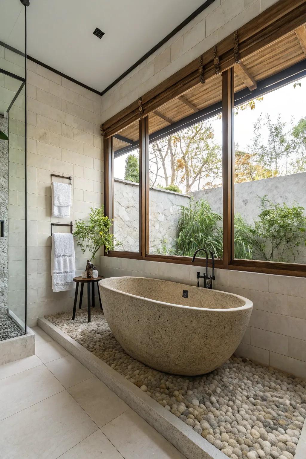 A bathroom featuring a freestanding stone bathtub with minimalist decor.