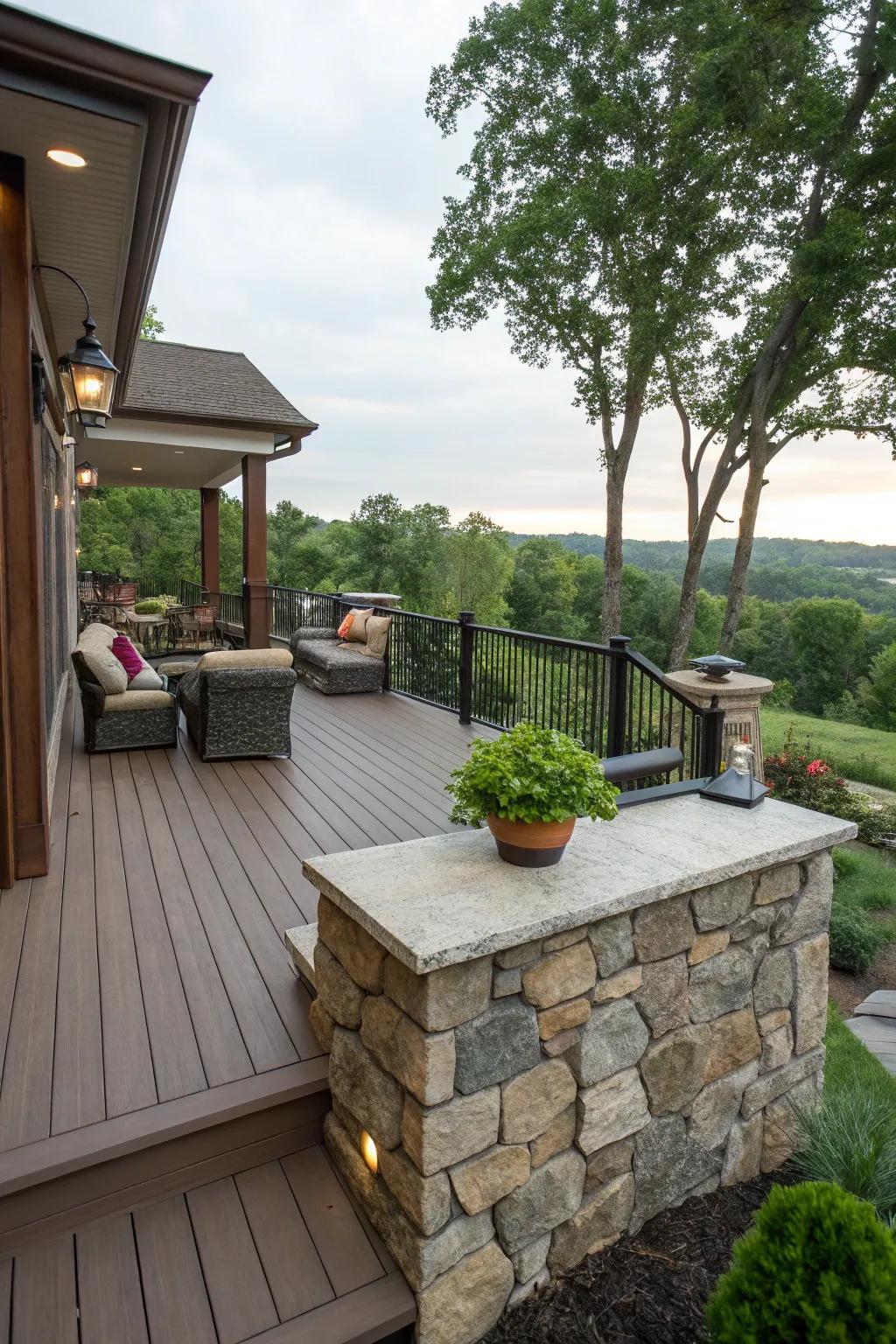 An elevated deck refined with stone skirting, offering a clean and finished appearance.