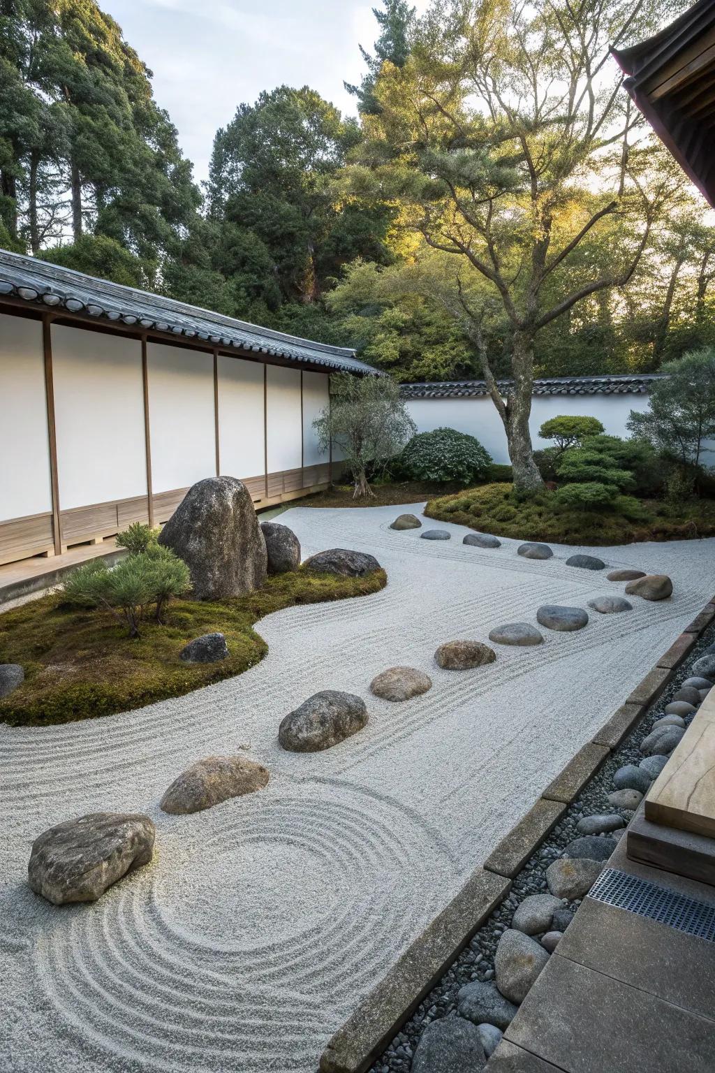 A peaceful Zen garden with calming rocky elements.