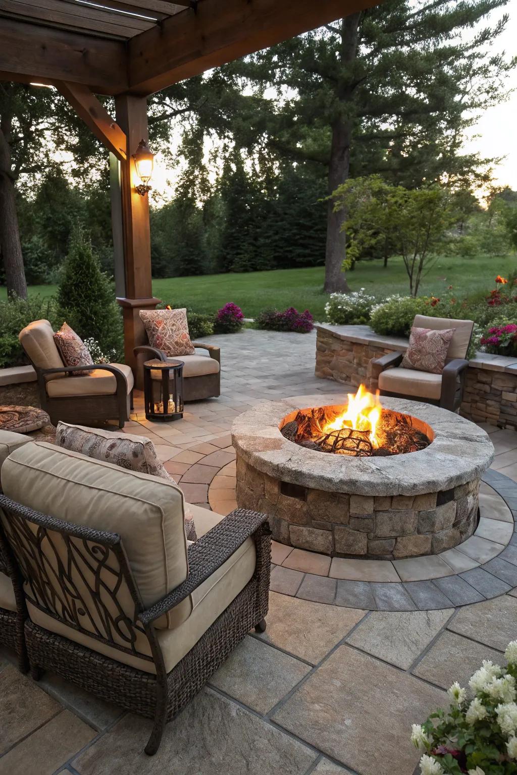 A stone patio centered around a welcoming fire pit.