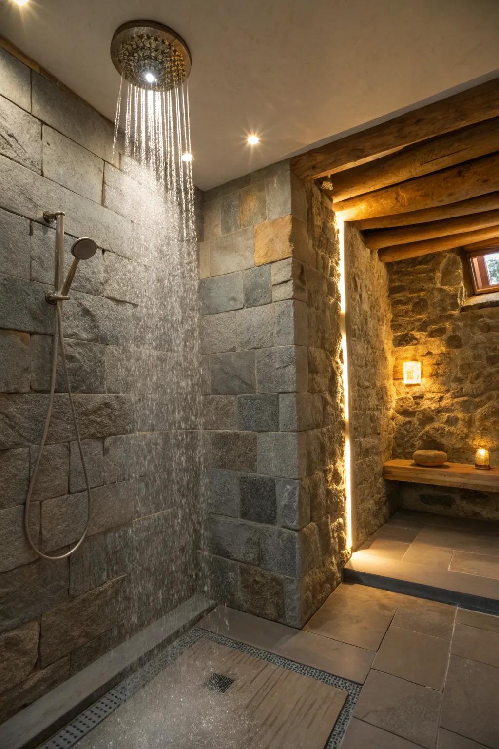 Experience luxury with a rainfall showerhead in a stone setting.