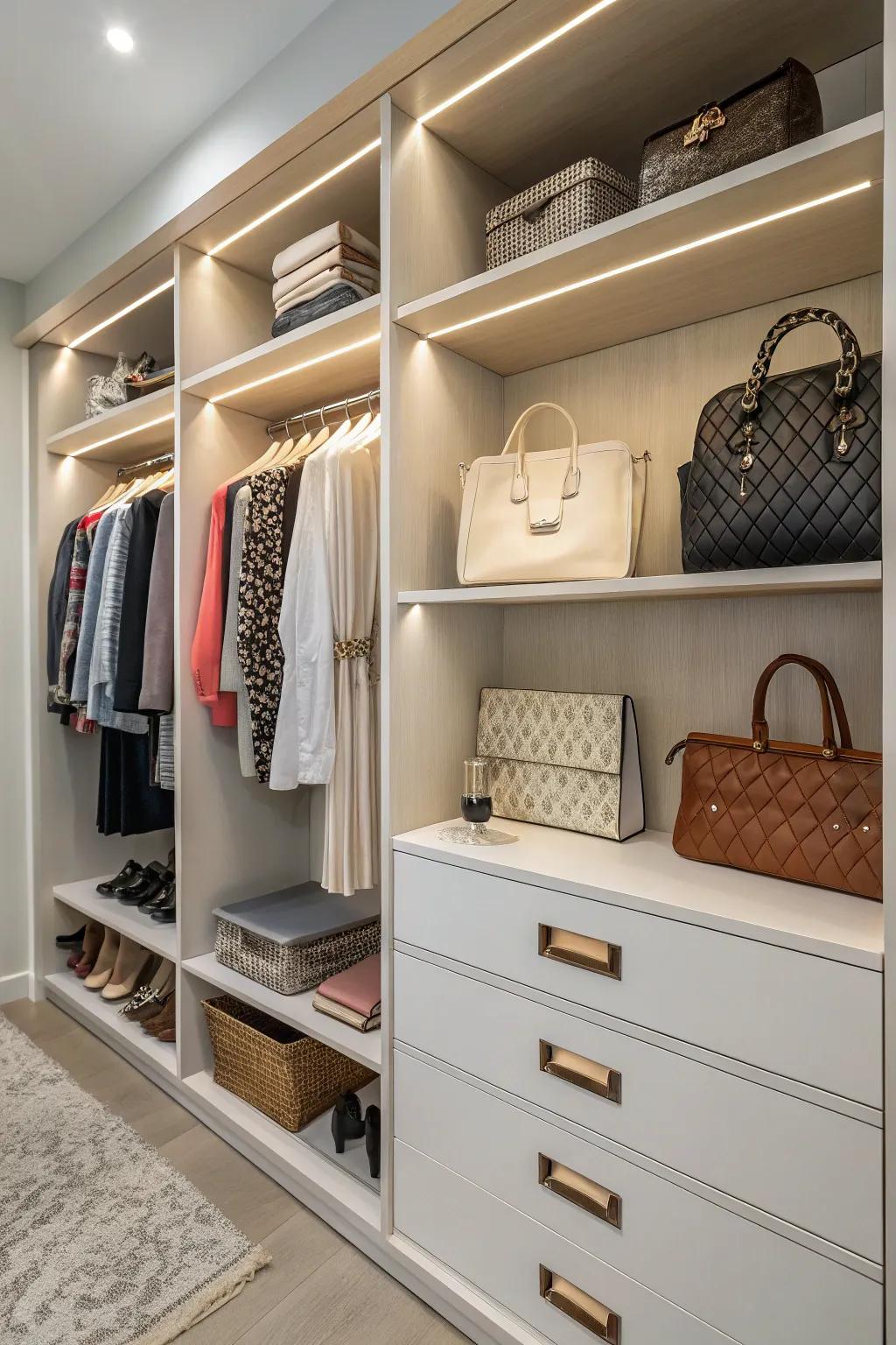 Closet with integrated purse storage.