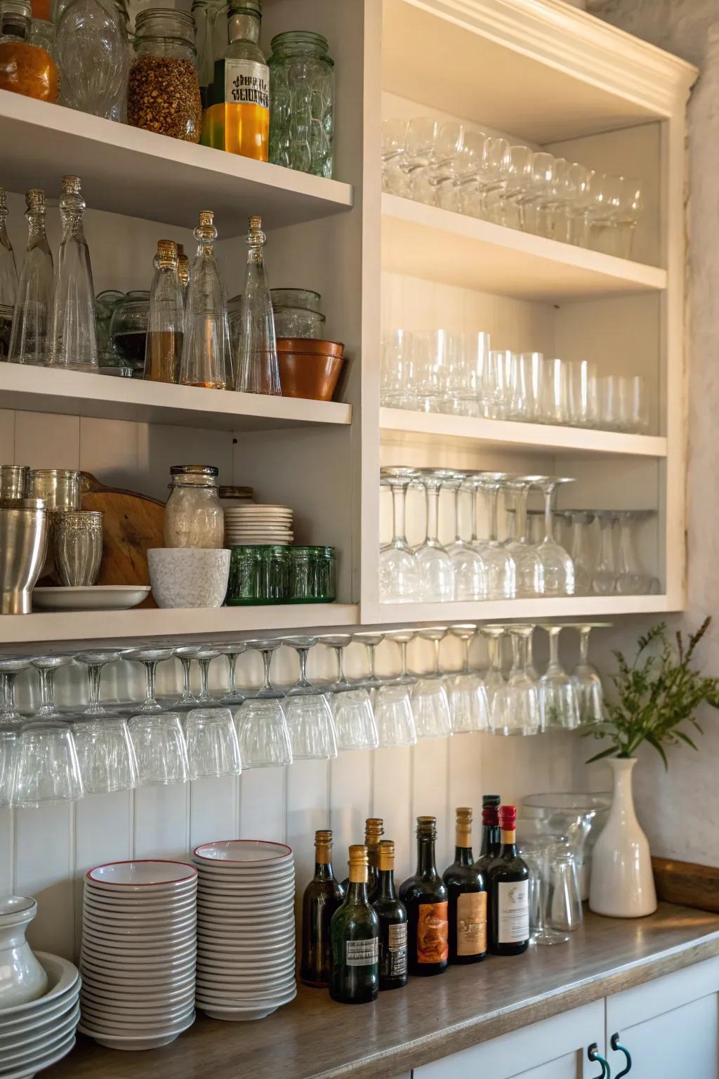 Open shelving adds an airy feel and showcases your glassware beautifully.