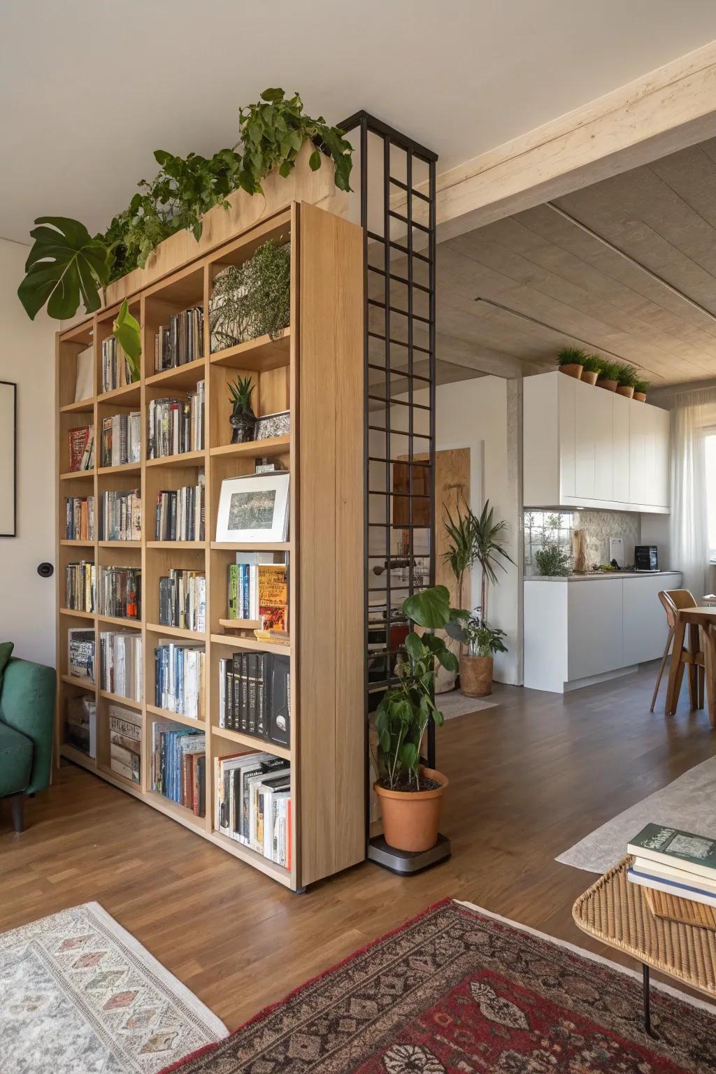 Open bookshelves serve as a stylish and functional divider.