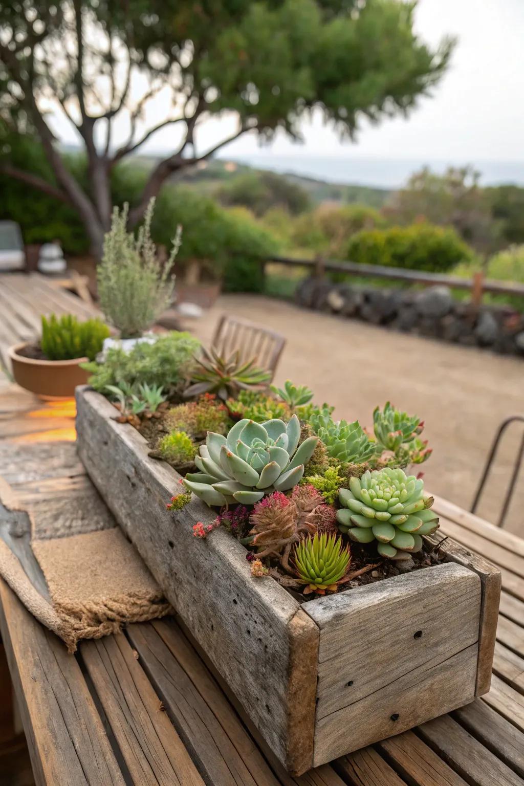 Wooden planters bring a rustic charm to succulent displays.