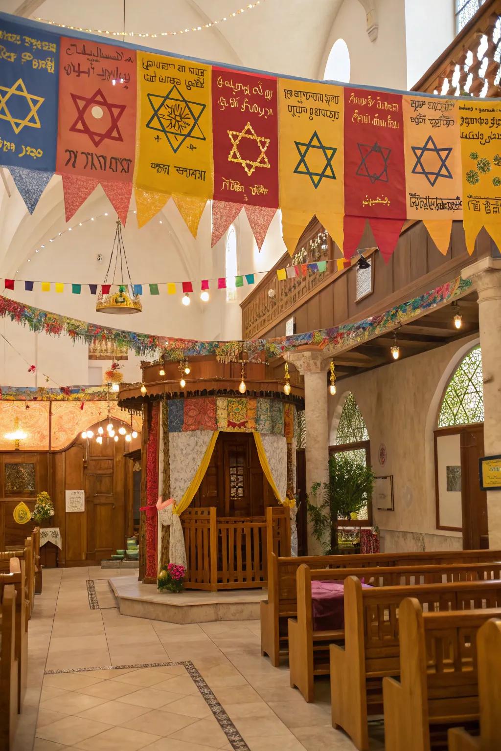 Cheerful sukkah interior featuring festive banners and signs.