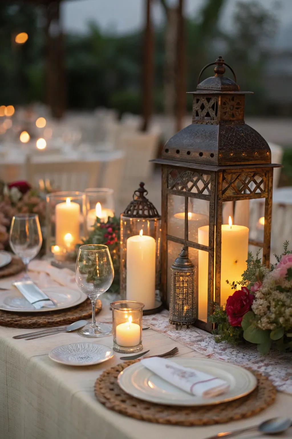 Candles and lanterns cast a cozy glow over your dining experience.