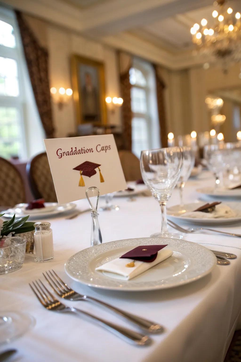 Personalized place settings with tiny graduation caps make guests feel special.