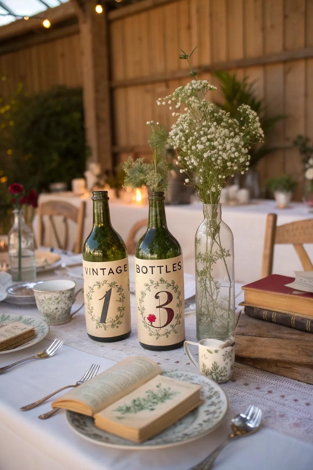 Vintage bottle vases offer a whimsical touch to your event decor.