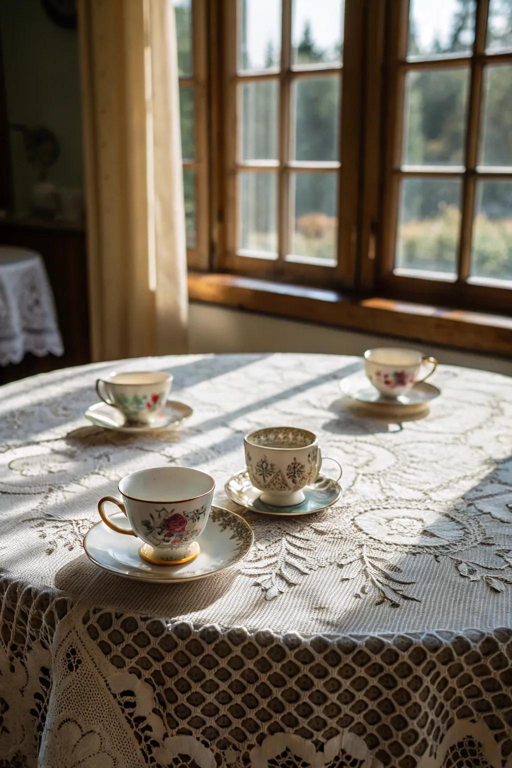 Lace tablecloths create a romantic and elegant ambiance.