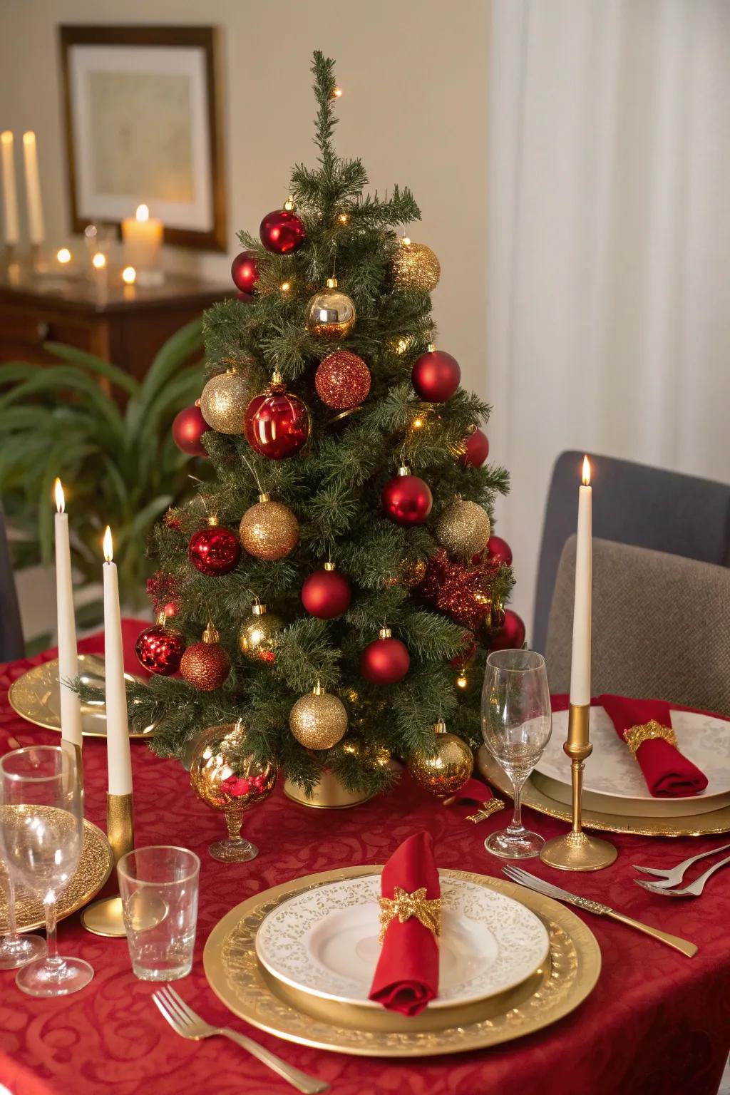 A classic red and gold themed tabletop Christmas tree.