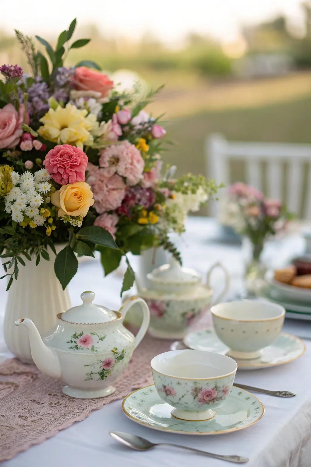 Lush floral arrangements bring vibrant color and elegance to the tea party.