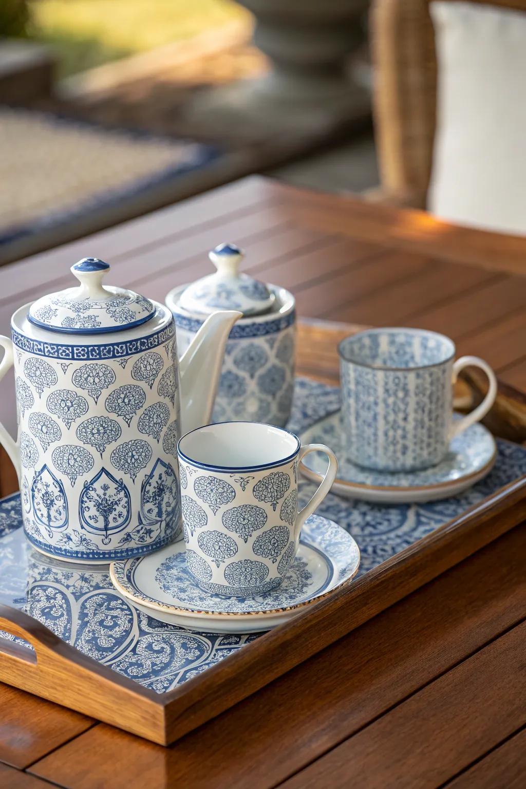 A blue and white tea set showcasing cultural elegance.