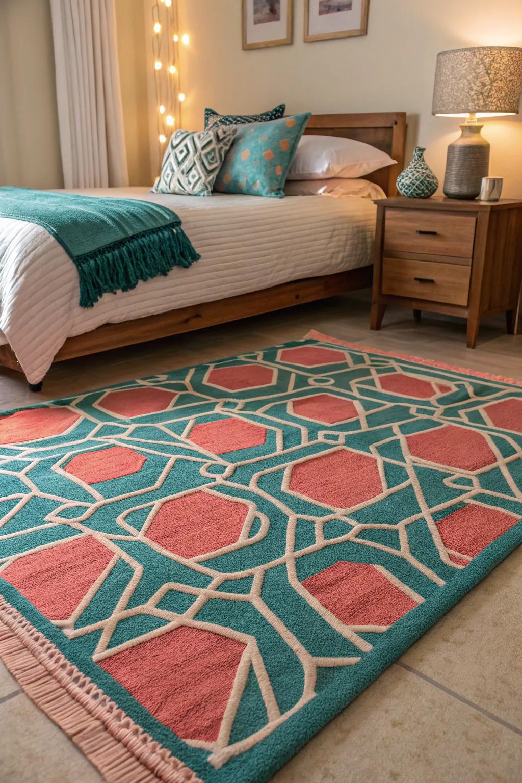 Geometric patterns in teal and coral adding a modern flair.