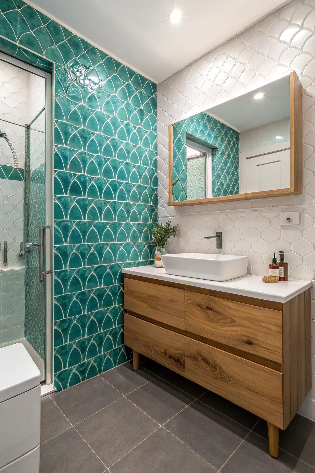 Mixing textures enhances the visual appeal of teal tiles.