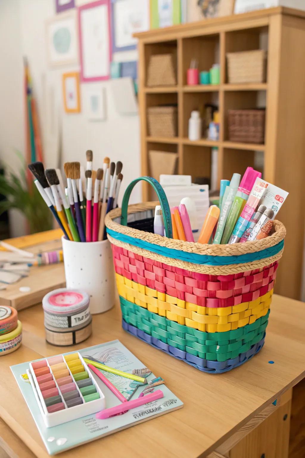 Inspire creativity with a basket full of artistic supplies.