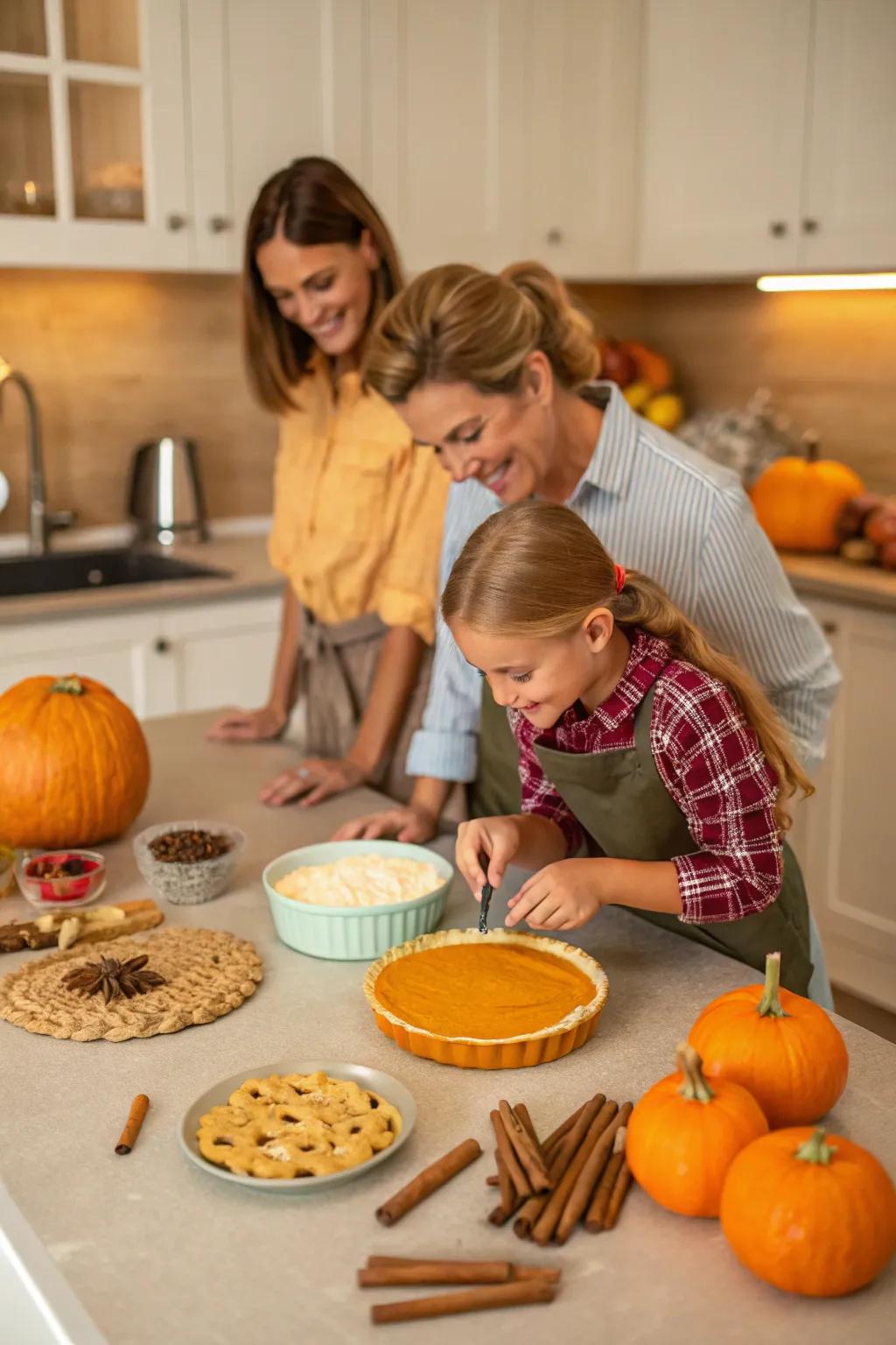 A family baking Thanksgiving desserts together, surrounded by seasonal ingredients.