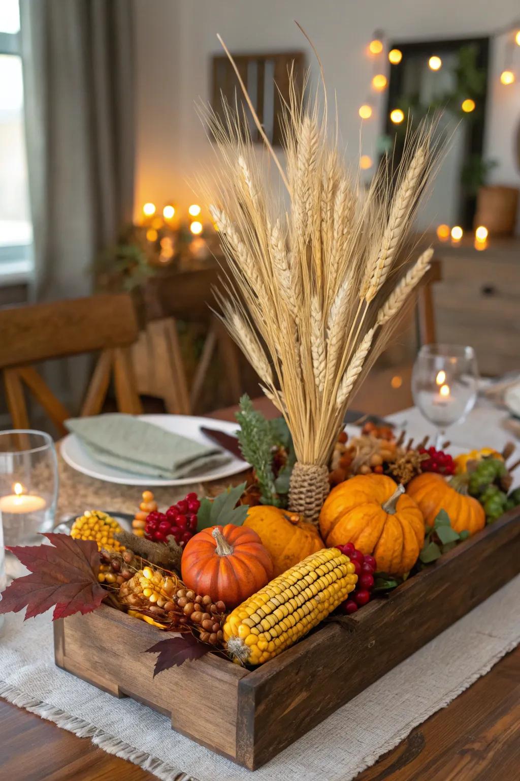 A classic harvest theme with wheat, corn, and gourds.