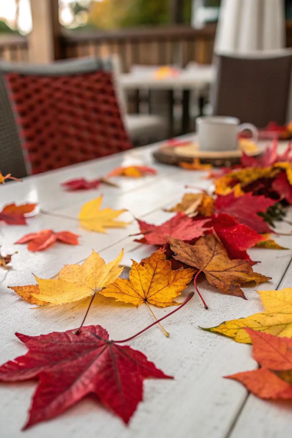 Vibrant autumn leaves scattered elegantly on a tabletop.